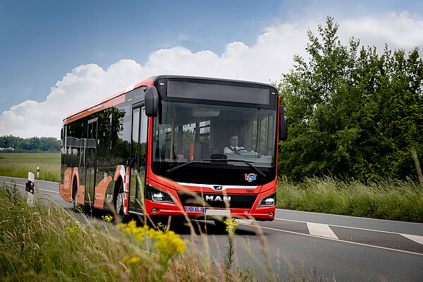 Linienbus fährt im Grünen auf der Landstraße.