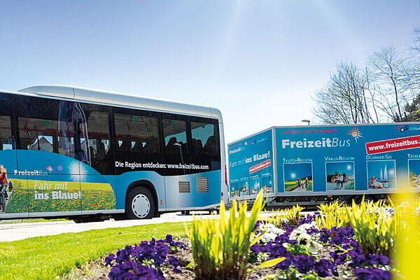 Freizeit-Bus mit Anhänger fährt an Grünfläche mit violetten Blumen vorbei.