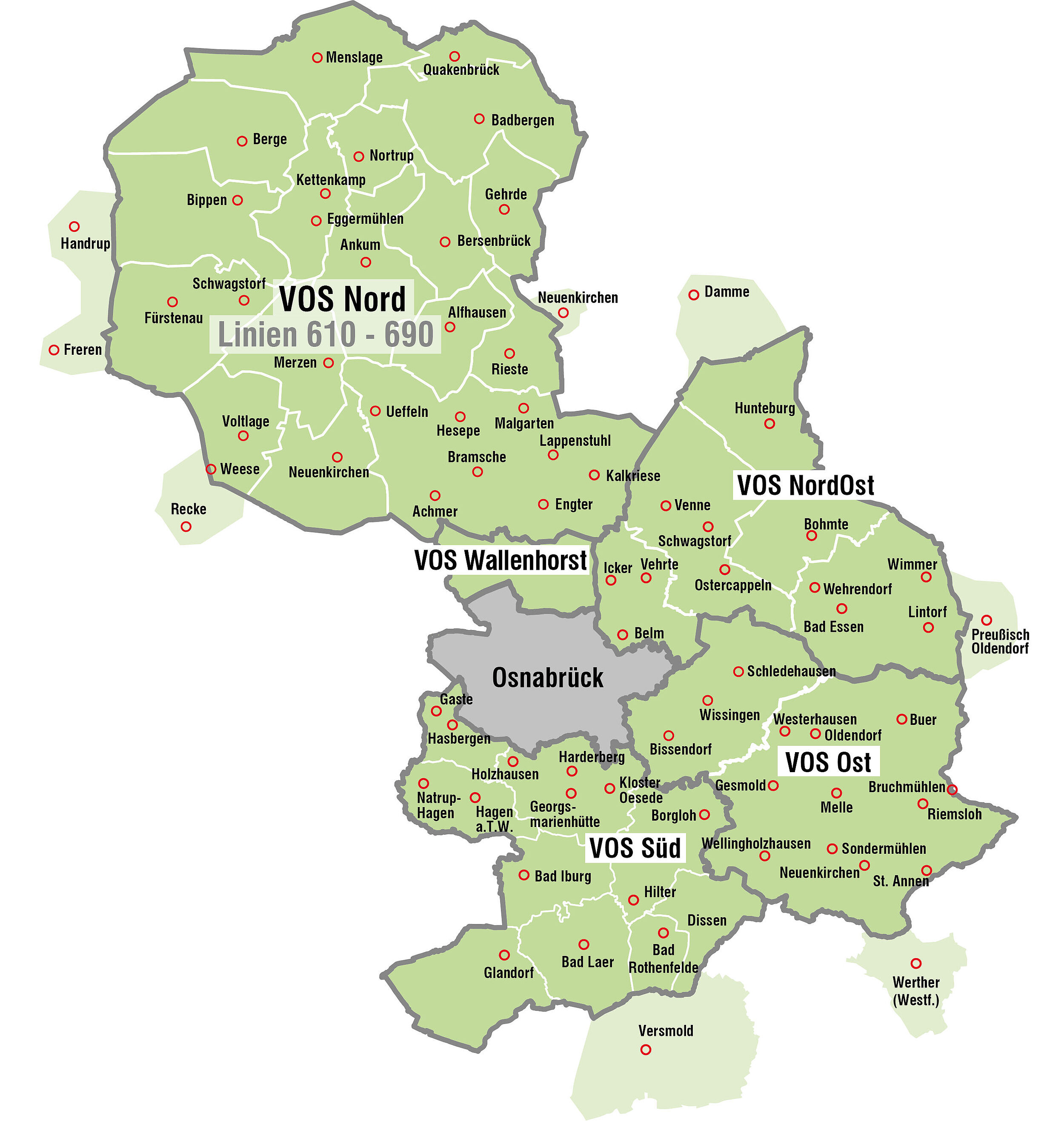 Übersichtskarte der Teilgemeinschaften der V O S Nord, Nord-Ost, Wallenhorst, Ost, Süd und Osnabrück.