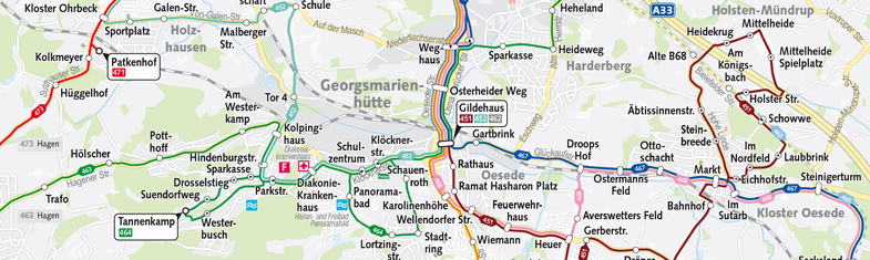 Linienplan der V O S mit Stadtbus G M-Hütte und Anrufbus. Kartenansicht vom Jahr 2014.