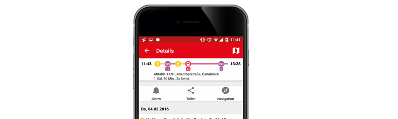 Detailansicht der Busverbindung in der V O S Online Auskunft auf einem Smartphone.