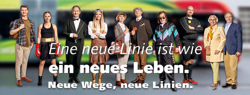 Personen von jung bis alt mit verschiedenen Charakteren. Der Slogan: Eine neue Linie ist wie ein neues Leben.